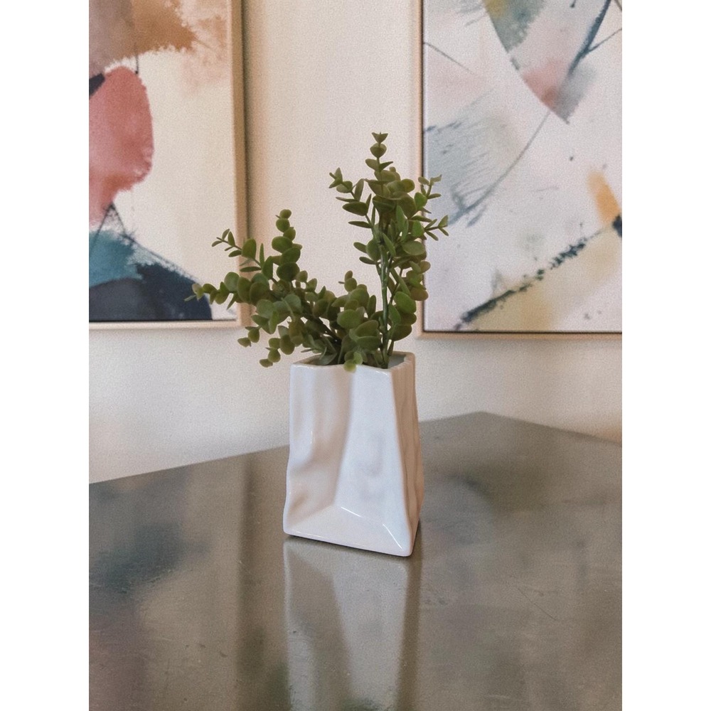 Vintage Eclectic Paper Bag Ceramic Vase - Retro Minimalist White Flower Vase